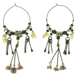 Gold-Tone & Brown Colored Metal Hoop-Earrings With Stone Accents #1654