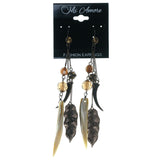 Feather Dangle-Earrings With Stone Accents Bronze-Tone & Brown Colored #1659