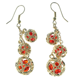 Gold-Tone & Red Colored Metal Dangle-Earrings With Crystal Accents #1673
