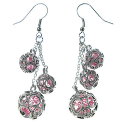 Silver-Tone & Pink Colored Metal Dangle-Earrings With Crystal Accents #1667