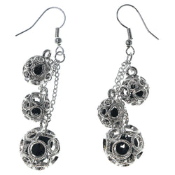 Silver-Tone & Black Colored Metal Dangle-Earrings With Crystal Accents #1668