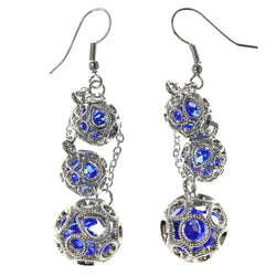 Silver-Tone & Blue Colored Metal Dangle-Earrings With Crystal Accents #1669