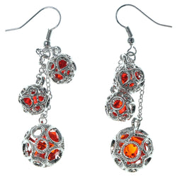 Silver-Tone & Red Colored Metal Dangle-Earrings With Crystal Accents #1670
