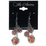 Silver-Tone & Red Colored Metal Dangle-Earrings With Crystal Accents #1670