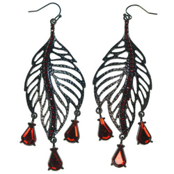 Leaf Dangle-Earrings With Crystal Accents Bronze-Tone & Red Colored #1674