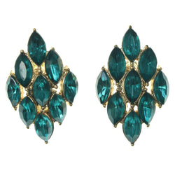 Green & Gold-Tone Colored Metal Stud-Earrings With Crystal Accents #1707