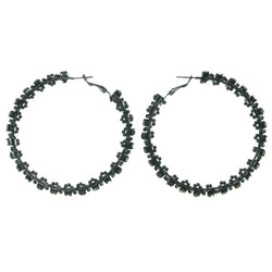 Black & Silver-Tone Colored Metal Hoop-Earrings With Crystal Accents #1720