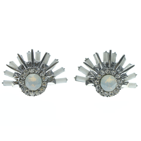 Silver-Tone & White Colored Metal Stud-Earrings With Crystal Accents #556