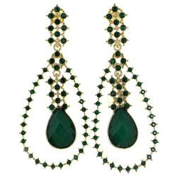 Green & Gold-Tone Colored Metal Drop-Dangle-Earrings With Crystal Accents #1774