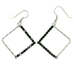 Silver-Tone & Black Colored Metal Dangle-Earrings With Crystal Accents #1777