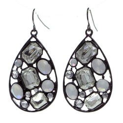 Silver-Tone & White Colored Metal Dangle-Earrings With Crystal Accents #564