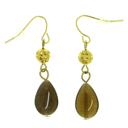 Gold-Tone & Brown Colored Metal Dangle-Earrings With Bead Accents #1799