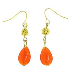 Gold-Tone & Orange Colored Metal Dangle-Earrings With Bead Accents #1801