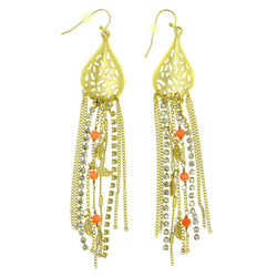 tassel Dangle-Earrings With Crystal Accents Gold-Tone & Peach Colored #1829
