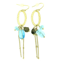 Gold-Tone & Blue Colored Metal Dangle-Earrings With Bead Accents #1834