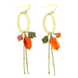 Gold-Tone & Red Colored Metal Dangle-Earrings With Bead Accents #1836