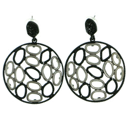 Silver-Tone & Black Colored Metal Drop-Dangle-Earrings With Crystal Accents #1844