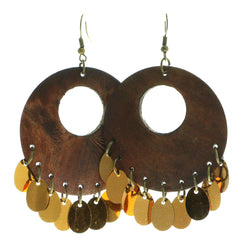 Brown & Gold-Tone Colored Wooden Hoop-Earrings With Drop Accents #568