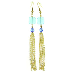 Gold-Tone & Blue Colored Metal Dangle-Earrings With Bead Accents #1851