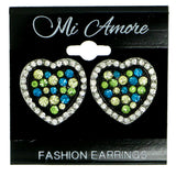 heart Stud-Earrings With Crystal Accents Silver-Tone & Multi Colored #1857
