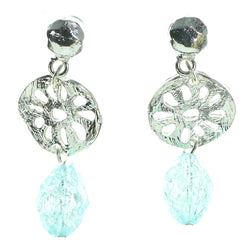 Silver-Tone & Blue Colored Metal Drop-Dangle-Earrings With Faceted Accents #1870