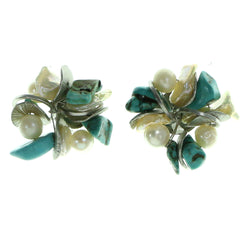 Silver-Tone & Blue Colored Metal Stud-Earrings With Bead Accents #1881