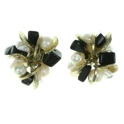 Gold-Tone & Black Colored Metal Stud-Earrings With Bead Accents #1882