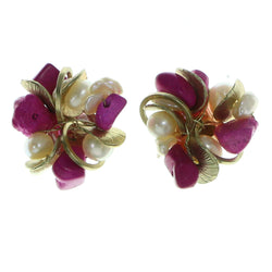 Gold-Tone & Pink Colored Metal Stud-Earrings With Bead Accents #1883