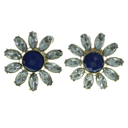 Flower Stud-Earrings With Faceted Accents Gold-Tone & Blue Colored #1889