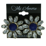 Flower Stud-Earrings With Faceted Accents Gold-Tone & Blue Colored #1889