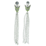 Silver-Tone & Green Colored Metal Drop-Dangle-Earrings With Tassel Accents #1892