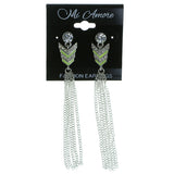 Silver-Tone & Green Colored Metal Drop-Dangle-Earrings With Tassel Accents #1892