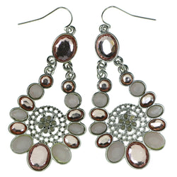 Silver-Tone & Pink Colored Metal Dangle-Earrings With Faceted Accents #1895