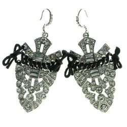 Silver-Tone & Black Colored Metal Dangle-Earrings With Crystal Accents #1905