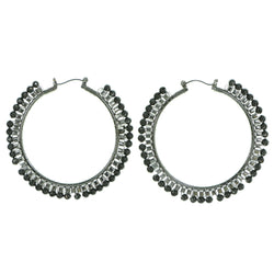 Silver-Tone & Gray Colored Metal Hoop-Earrings With Bead Accents #1917