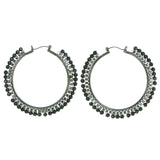 Silver-Tone & Gray Colored Metal Hoop-Earrings With Bead Accents #1917