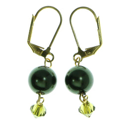 Gold-Tone & Green Colored Metal Dangle-Earrings With Bead Accents #1920