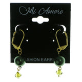 Gold-Tone & Green Colored Metal Dangle-Earrings With Bead Accents #1920
