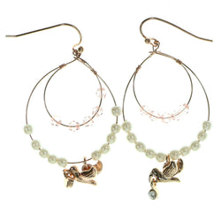 Dove Dangle-Earrings With Bead Accents Gold-Tone & Pink Colored #1923