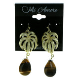 Gold-Tone & Brown Colored Metal Drop-Dangle-Earrings With Crystal Accents #1954