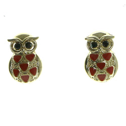 Owl Stud-Earrings With Crystal Accents Gold-Tone & Red Colored #1958