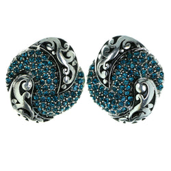 Silver-Tone & Blue Colored Metal Stud-Earrings With Crystal Accents #1961