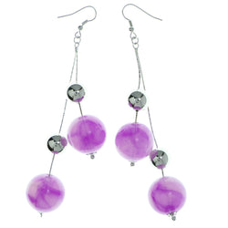 Purple & Silver-Tone Colored Metal Drop-Dangle-Earrings With Bead Accents #1990