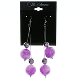 Purple & Silver-Tone Colored Metal Drop-Dangle-Earrings With Bead Accents #1990