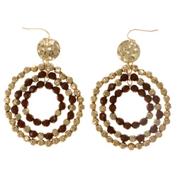 Gold-Tone & Brown Colored Metal Dangle-Earrings With Bead Accents #2008