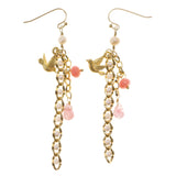 Birds Dangle-Earrings With Bead Accents Gold-Tone & Multi Colored #2028