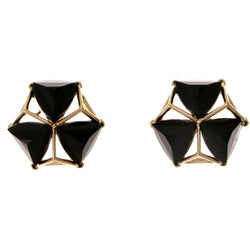 Black & Gold-Tone Colored Metal Stud-Earrings With Crystal Accents #2031