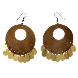 Brown & Gold-Tone Colored Wooden Dangle-Earrings #2034