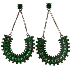 Green & Black Colored Metal Drop-Dangle-Earrings With Crystal Accents #2039