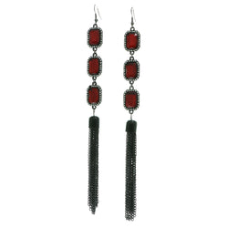 Red & Silver-Tone Colored Metal Dangle-Earrings With Crystal Accents #590